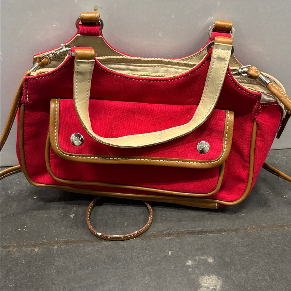 Red and Tan Handbag with Front Pocket